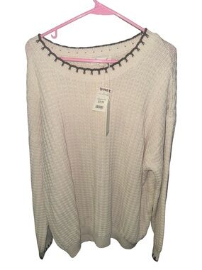 Cream Knit Crewneck Sweater with Black Contrast Trim -